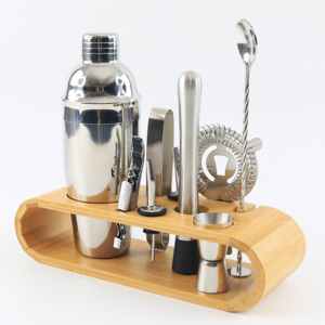 10pcs Stainless Steel Bartending Kit Stylish Bamboo Stand Bar Tool Set
