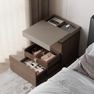 Solid Wood Italian Minimalist Bedside Cabinet Hidden Compartments Multi-functional Three-tier Design Card-swipe Lock