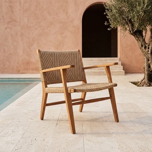 Modern Patio Armchair SVLK Indonesian Solid Teak All Weather Synthetic Woven Rope Backrest Durable Outdoor Hotel Accent Chair